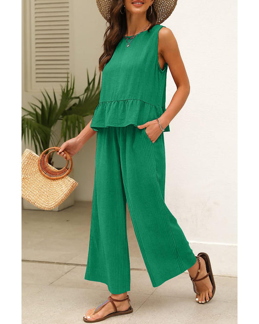 Ribbed Ruffle Tank Top and Pants Set