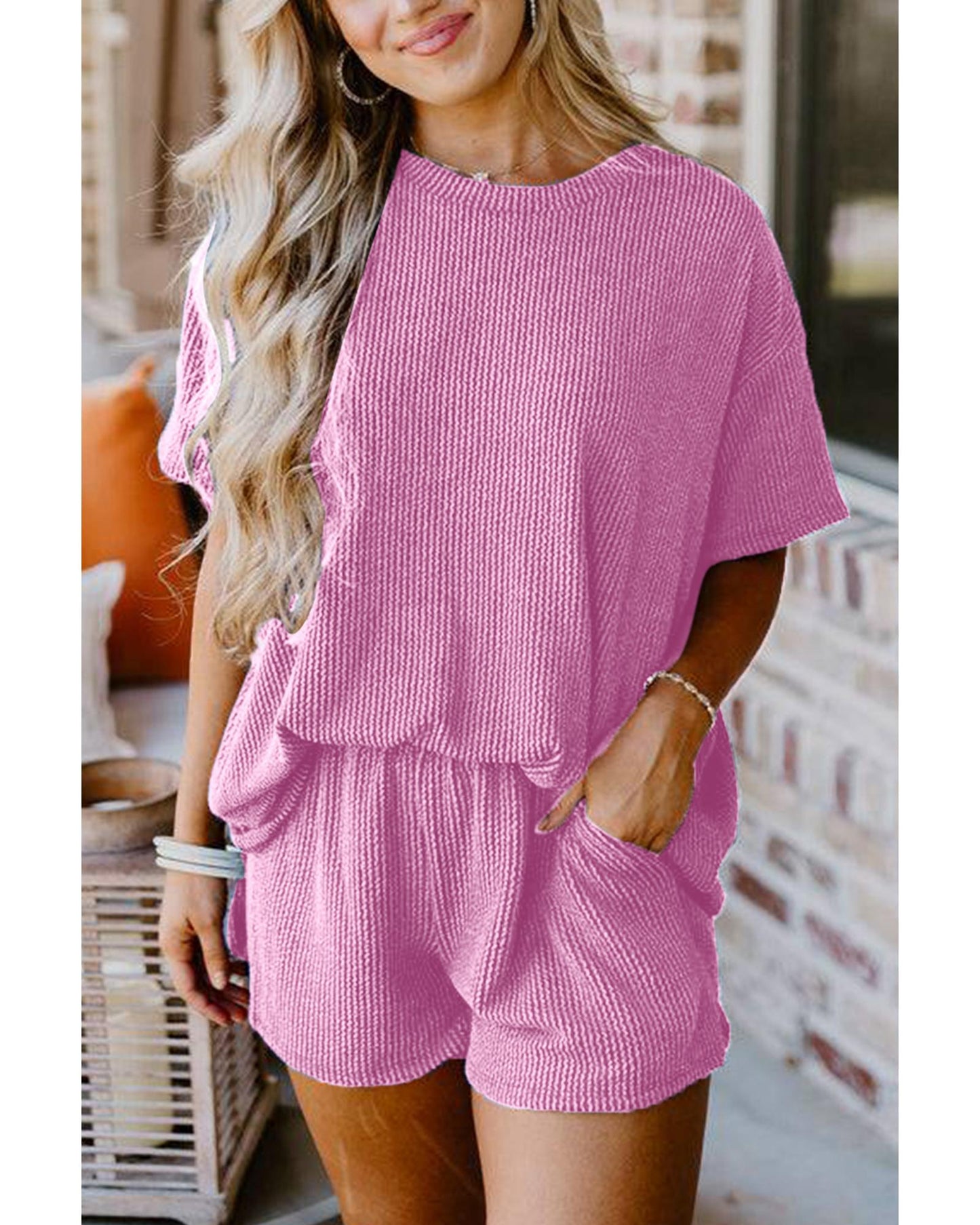 Ribbed Textured Knit Loose Fit Tee and Shorts Set