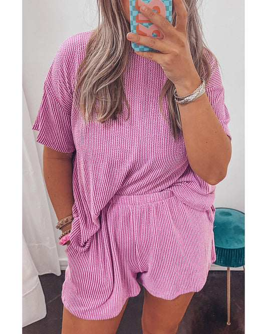 Ribbed Textured Knit Loose Fit Tee and Shorts Set