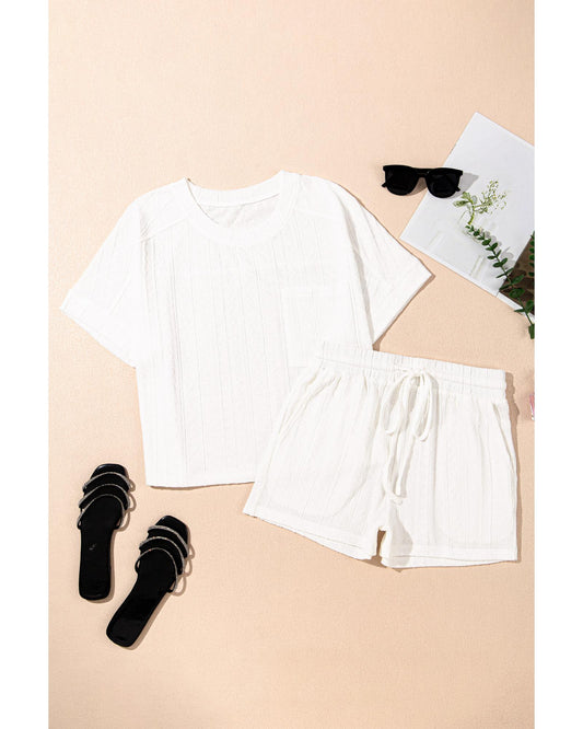 Textured Patched Pocket Short Sleeve Top and Drawstring Shorts
