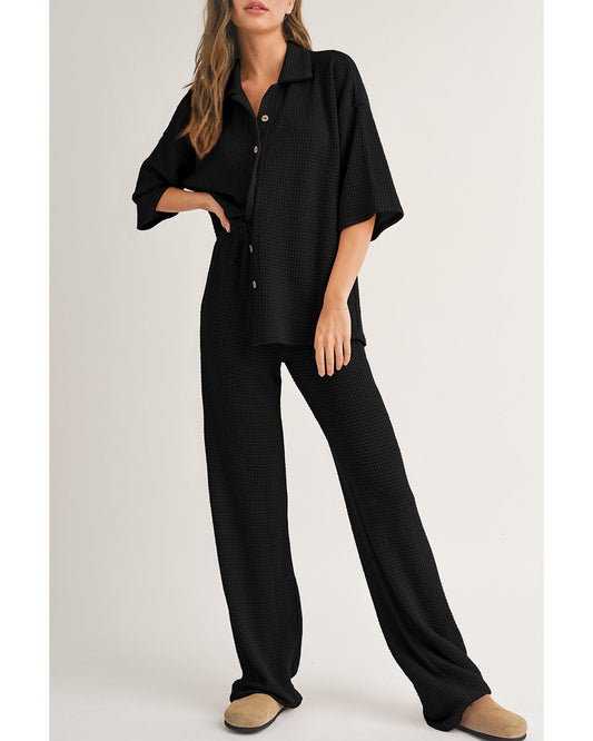 Solid Colour Textured Buttoned Shirt and Casual Pants Set