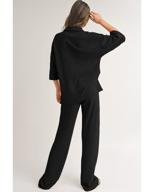 Solid Colour Textured Buttoned Shirt and Casual Pants Set