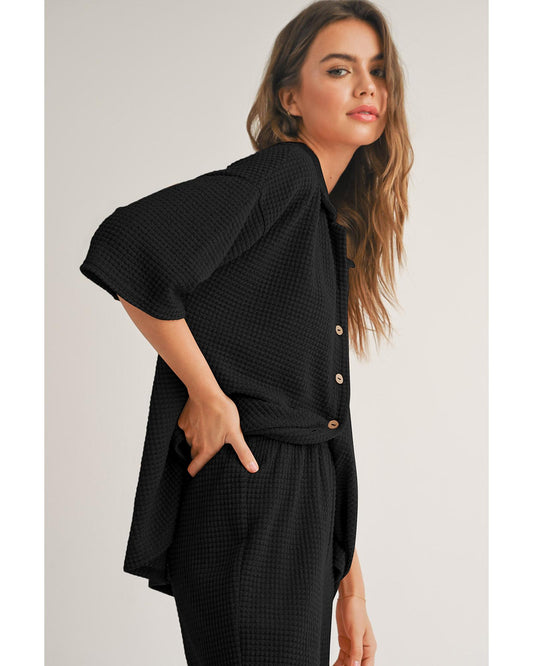 Solid Colour Textured Buttoned Shirt and Casual Pants Set