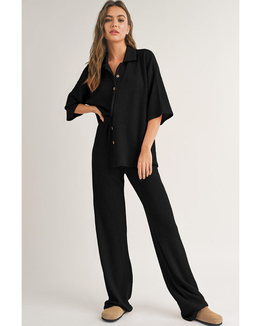 Solid Colour Textured Buttoned Shirt and Casual Pants Set