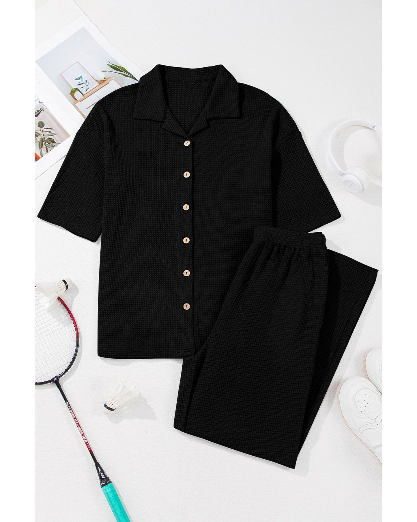Solid Colour Textured Buttoned Shirt and Casual Pants Set