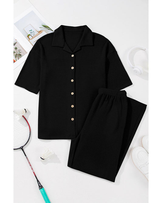 Solid Colour Textured Buttoned Shirt and Casual Pants Set