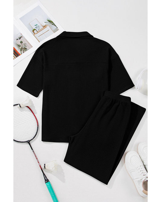 Solid Colour Textured Buttoned Shirt and Casual Pants Set