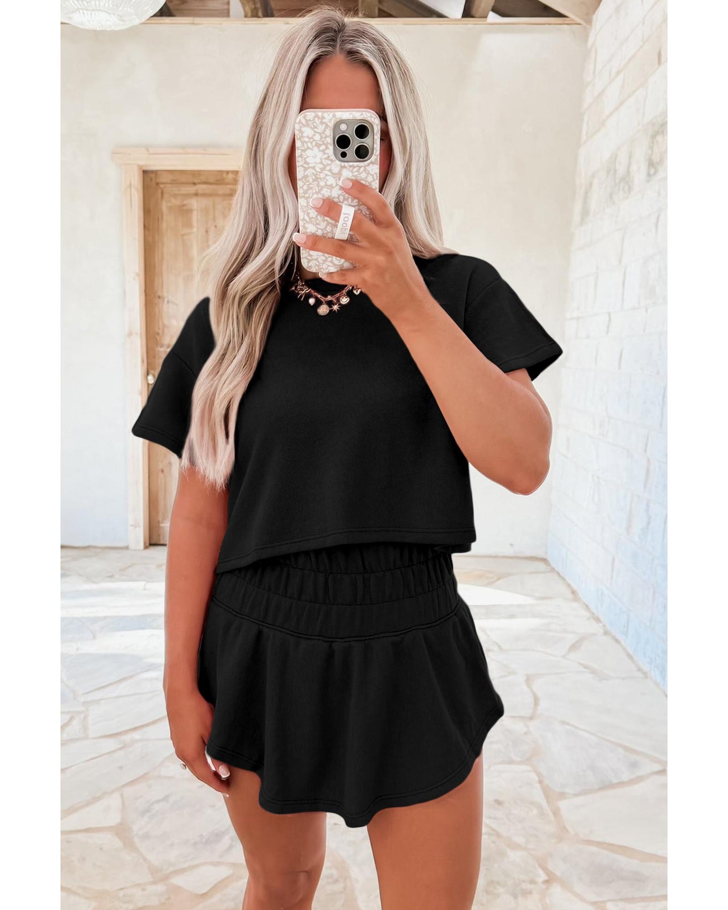 Cropped Tee and Ruffle High Waist Skort