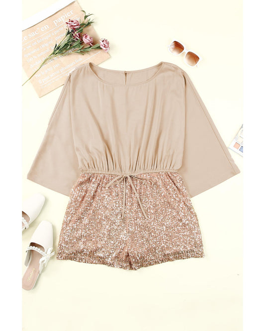 Azura Exchange Khaki Sequin Patchwork Drawstring High Waist Romper