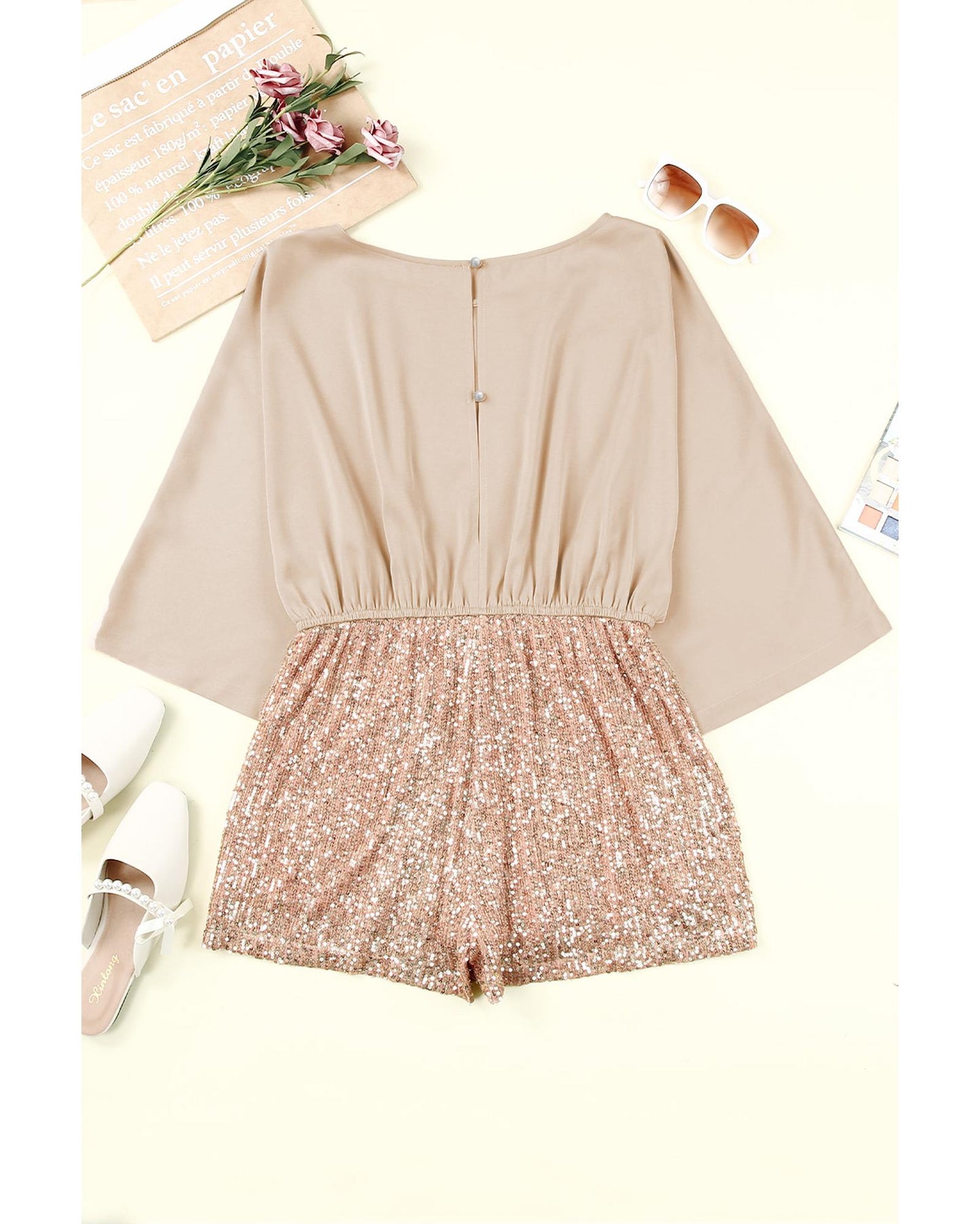 Azura Exchange Khaki Sequin Patchwork Drawstring High Waist Romper