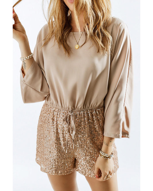 Azura Exchange Khaki Sequin Patchwork Drawstring High Waist Romper