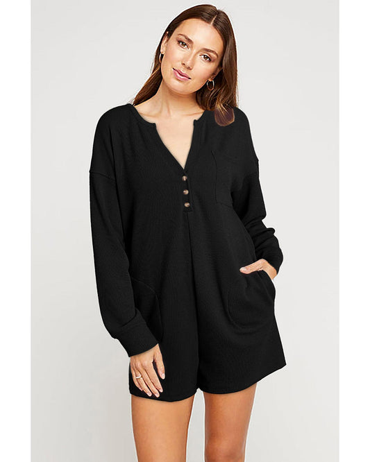 Black Brushed Ribbed Button Split V Neck Romper