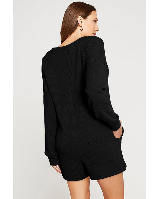 Black Brushed Ribbed Button Split V Neck Romper