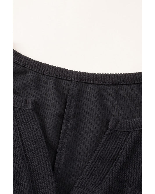 Black Brushed Ribbed Button Split V Neck Romper