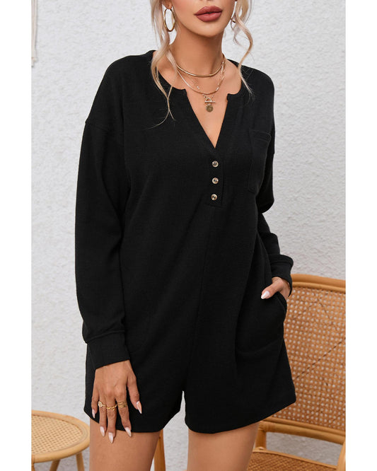 Black Brushed Ribbed Button Split V Neck Romper