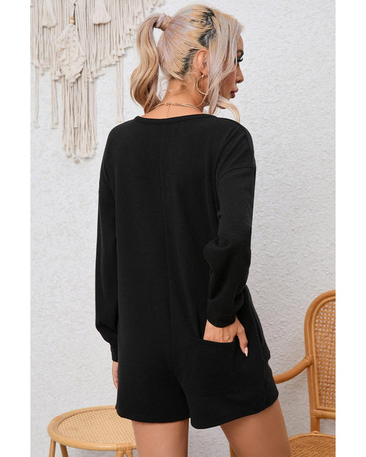 Black Brushed Ribbed Button Split V Neck Romper