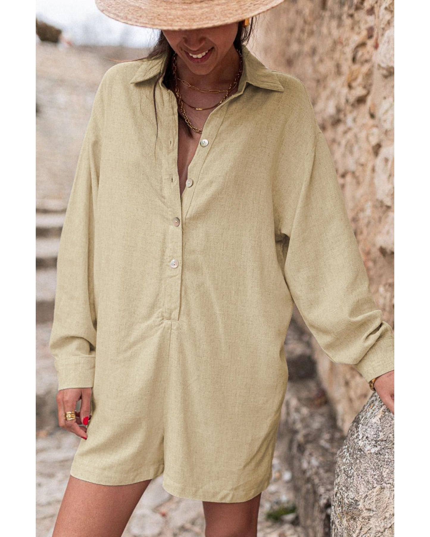 Half Button Shirt Collar Long Sleeve Loose Romper