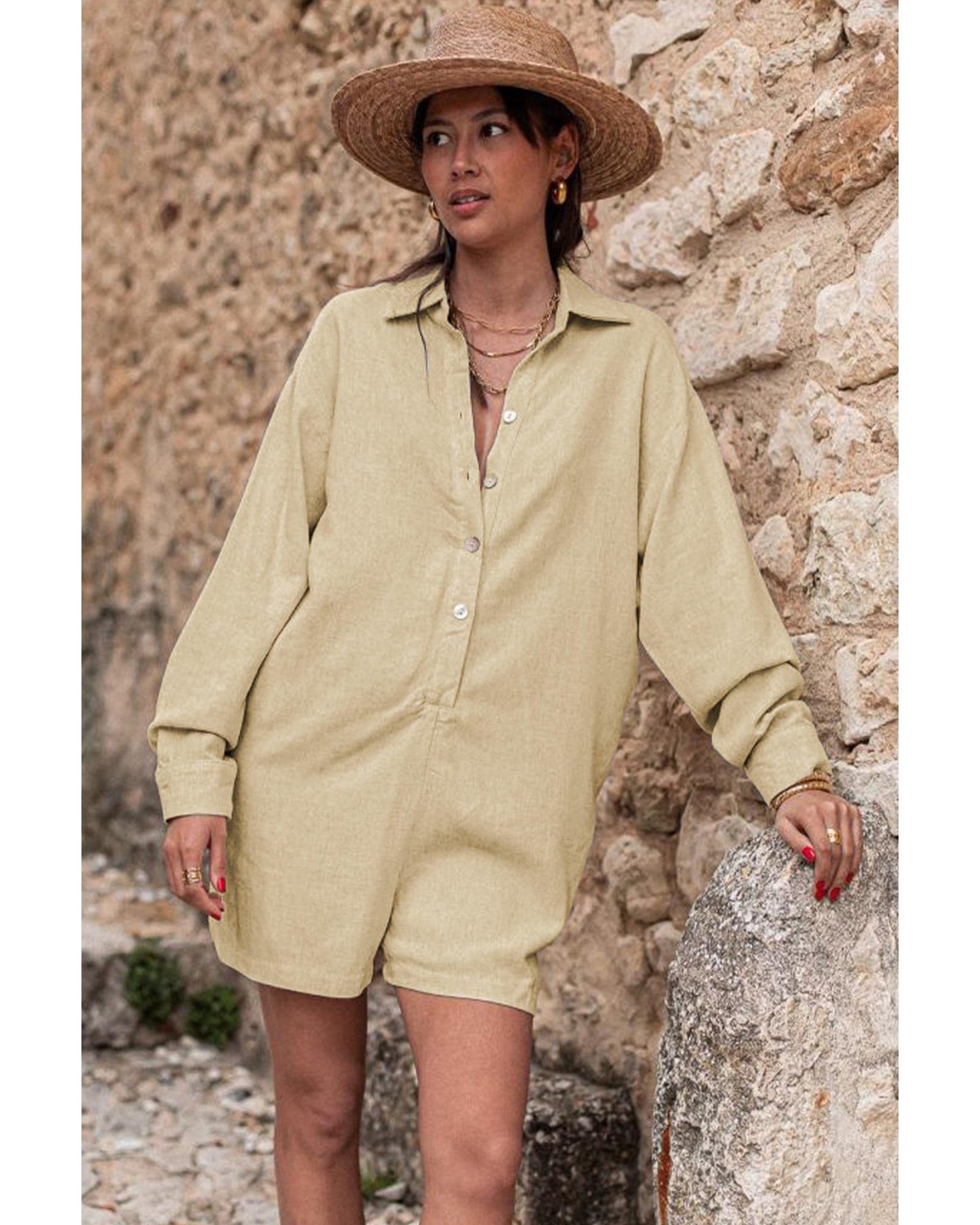 Half Button Shirt Collar Long Sleeve Loose Romper