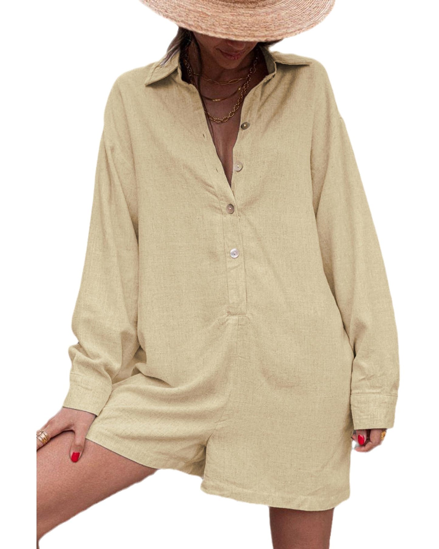 Half Button Shirt Collar Long Sleeve Loose Romper