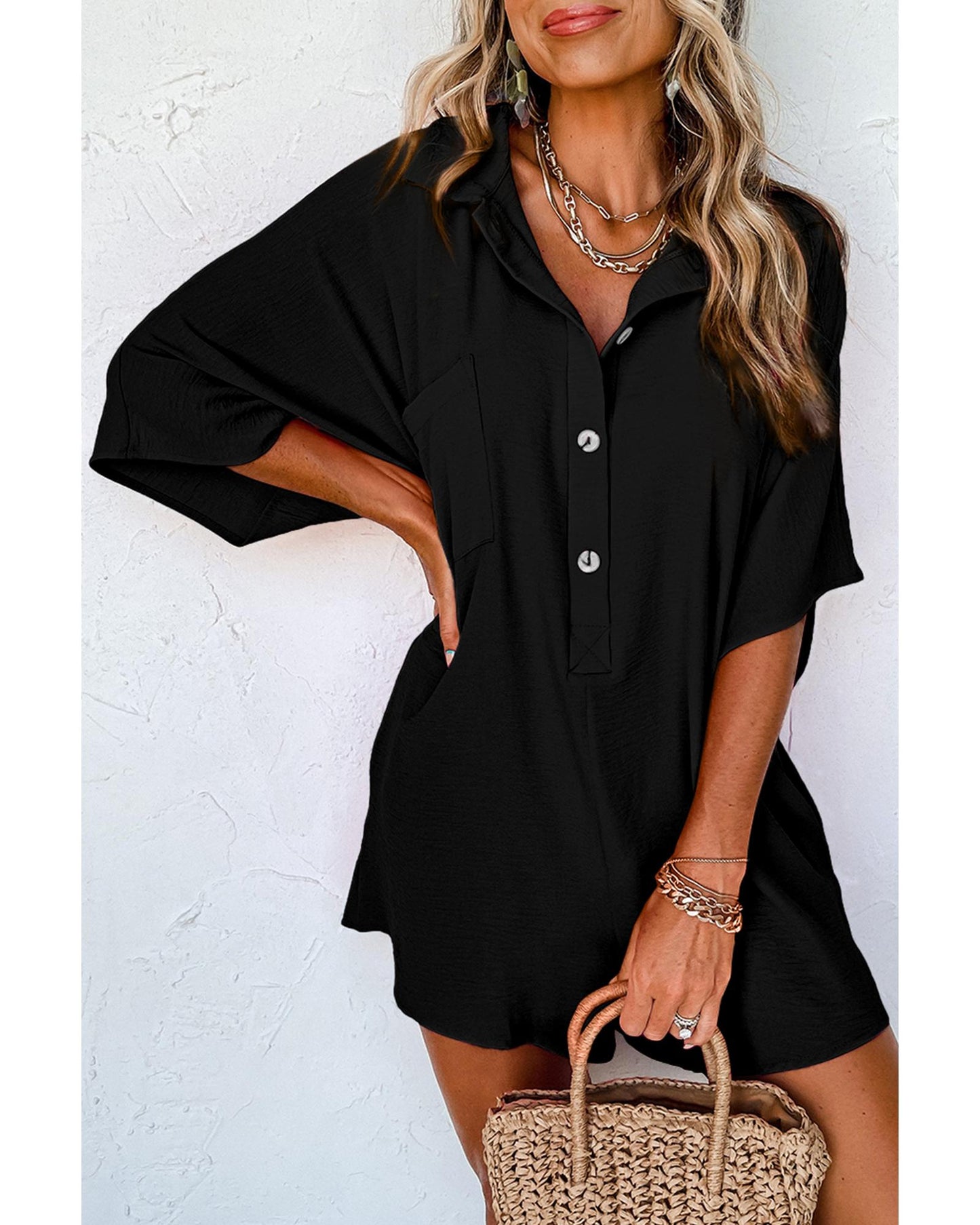 Half Button Collared Loose Romper