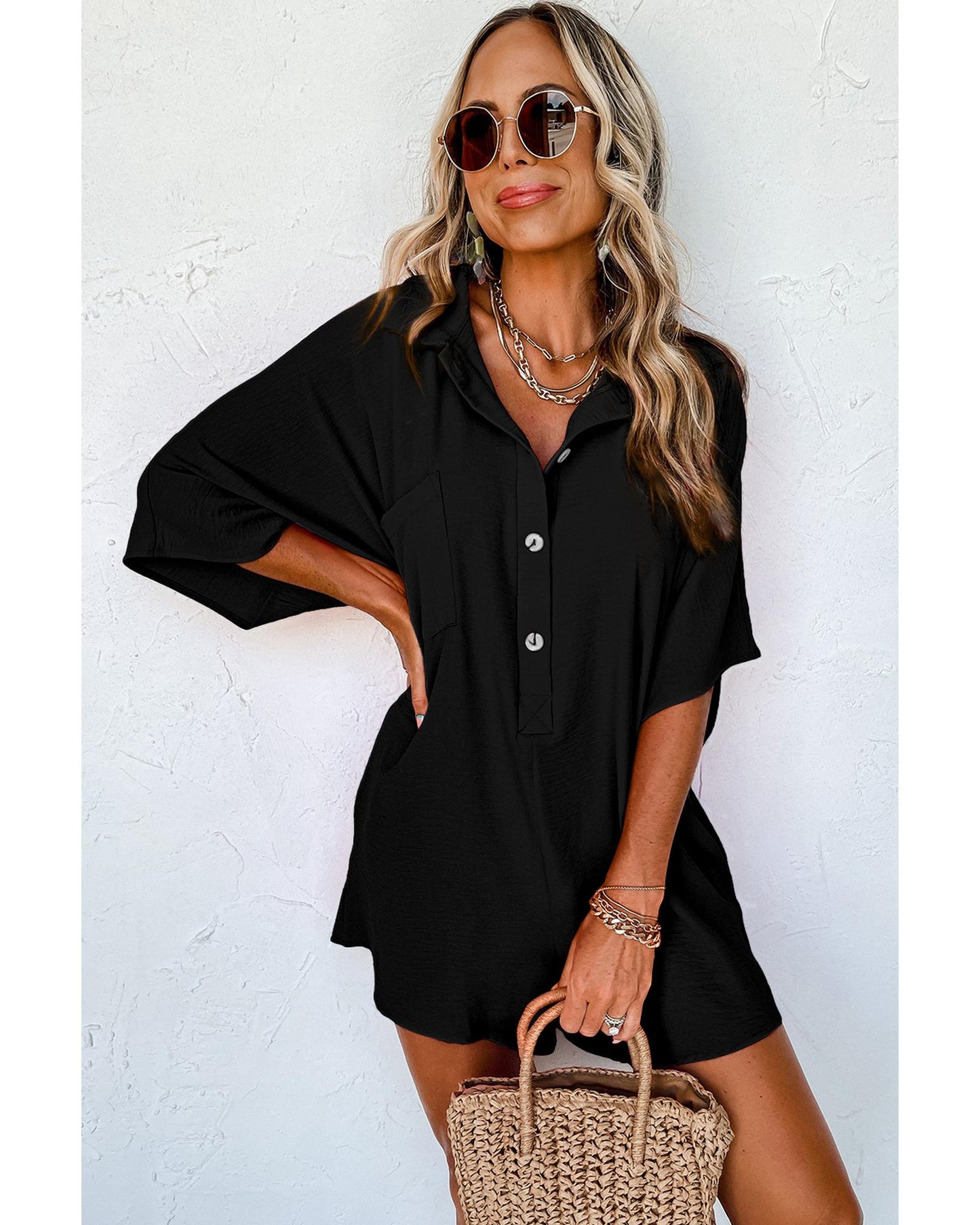 Half Button Collared Loose Romper