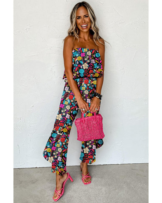Mix Tropical Print Strapless Ruffled Jumpsuit