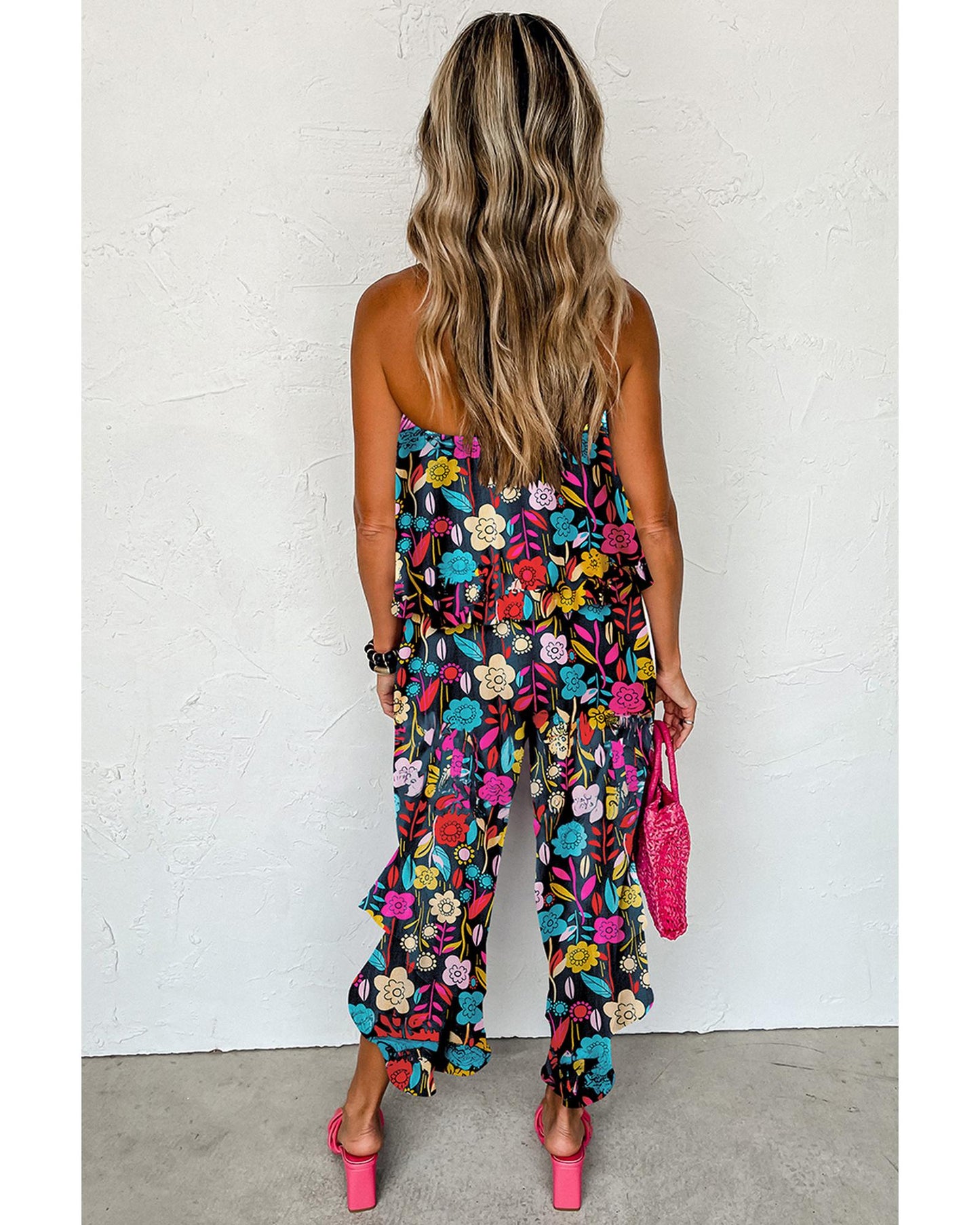 Mix Tropical Print Strapless Ruffled Jumpsuit