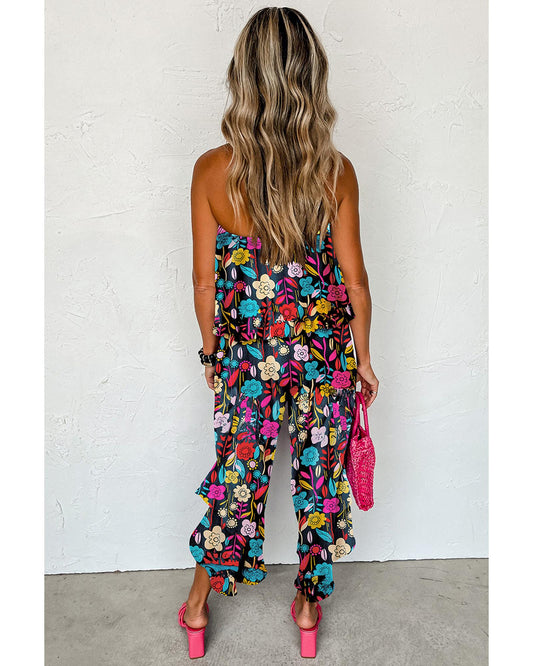 Mix Tropical Print Strapless Ruffled Jumpsuit