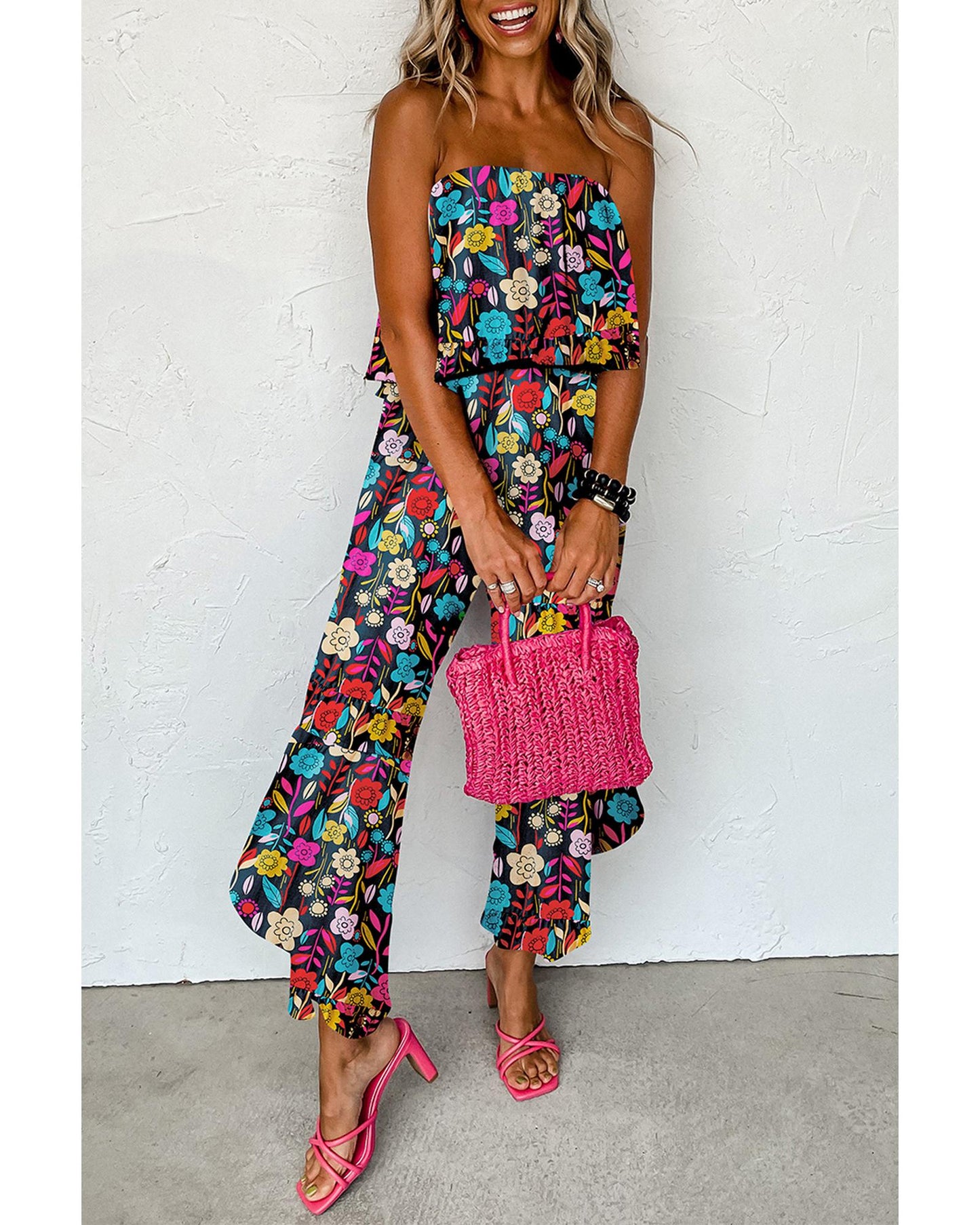Mix Tropical Print Strapless Ruffled Jumpsuit