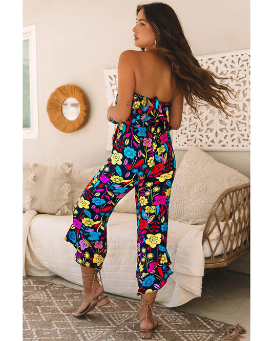 Mix Tropical Print Strapless Ruffled Jumpsuit