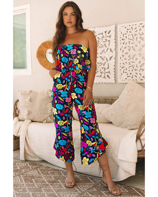 Mix Tropical Print Strapless Ruffled Jumpsuit