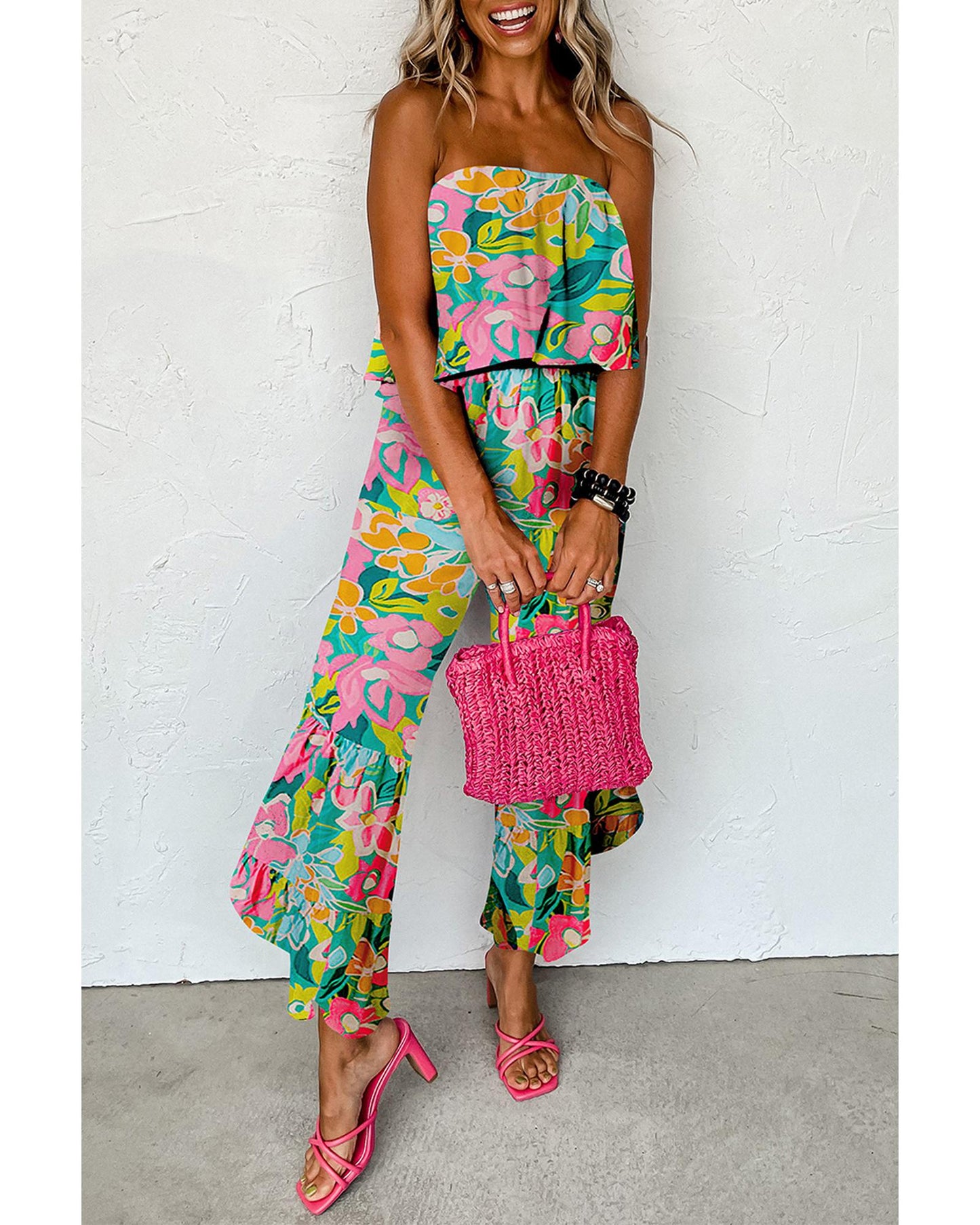 Mix Tropical Print Strapless Ruffled Jumpsuit