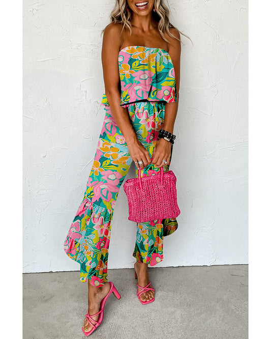 Mix Tropical Print Strapless Ruffled Jumpsuit