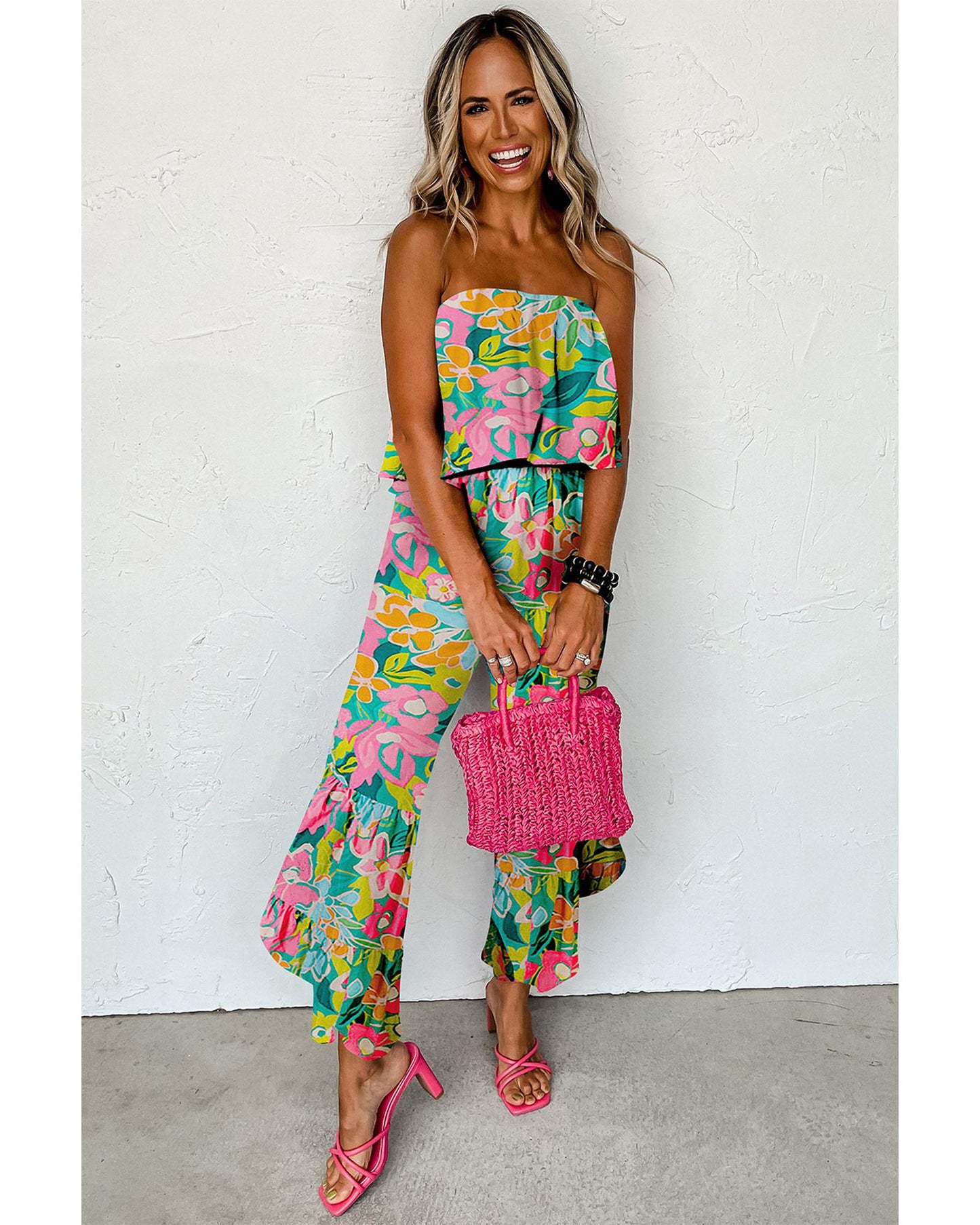 Mix Tropical Print Strapless Ruffled Jumpsuit