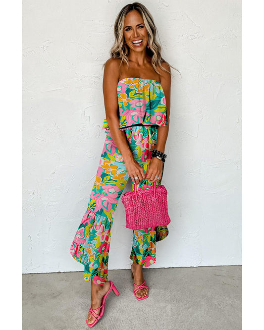 Mix Tropical Print Strapless Ruffled Jumpsuit
