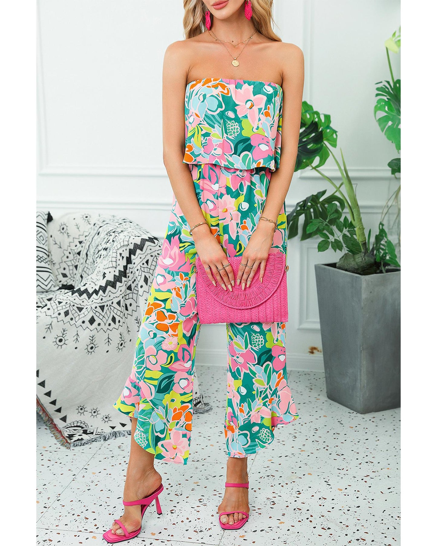 Mix Tropical Print Strapless Ruffled Jumpsuit