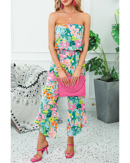 Mix Tropical Print Strapless Ruffled Jumpsuit