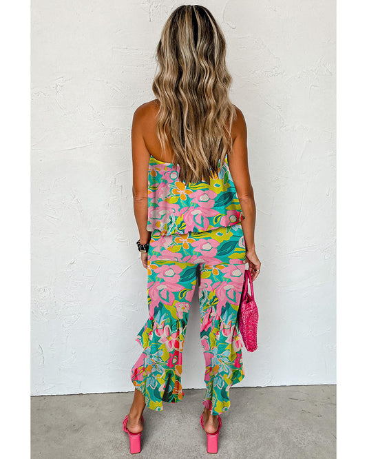Mix Tropical Print Strapless Ruffled Jumpsuit