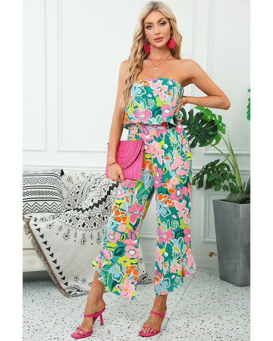 Mix Tropical Print Strapless Ruffled Jumpsuit