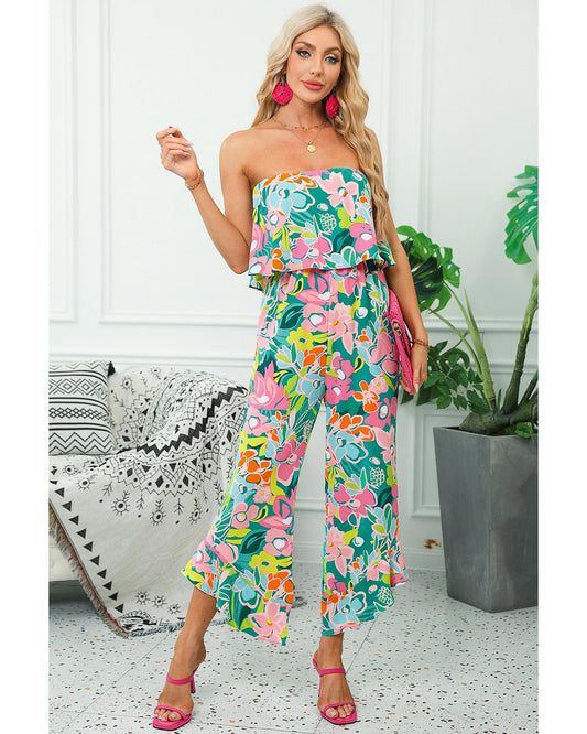 Mix Tropical Print Strapless Ruffled Jumpsuit