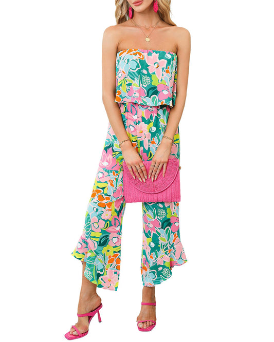 Mix Tropical Print Strapless Ruffled Jumpsuit