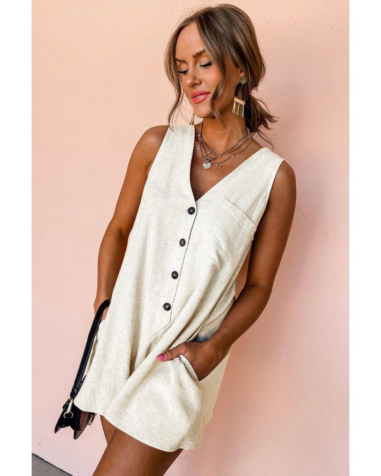 Sleeveless V-Neck Buttoned Front Romper