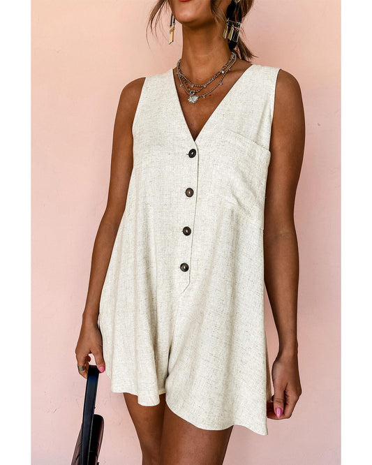 Sleeveless V-Neck Buttoned Front Romper