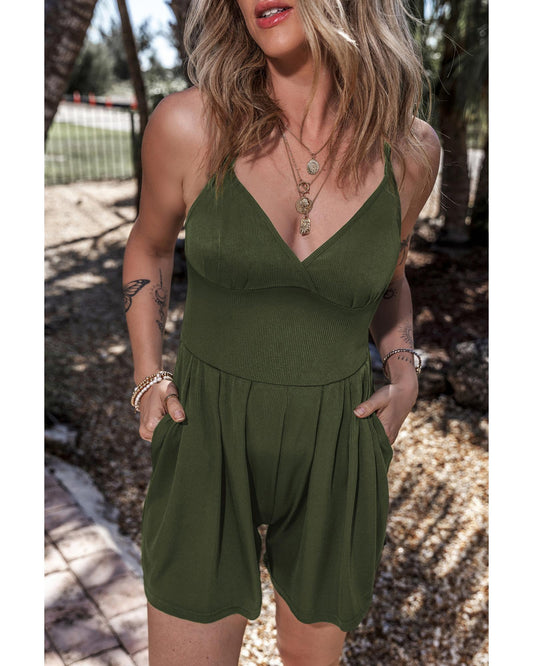 Moss Green Cinched Waist Ribbed Stretch Romper