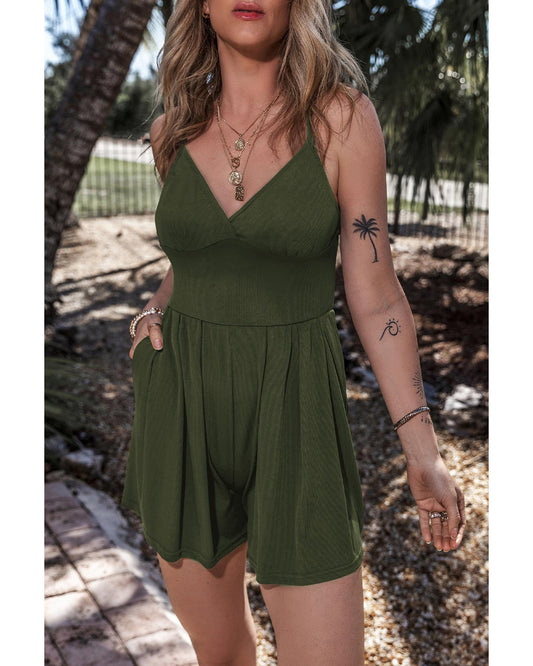 Moss Green Cinched Waist Ribbed Stretch Romper