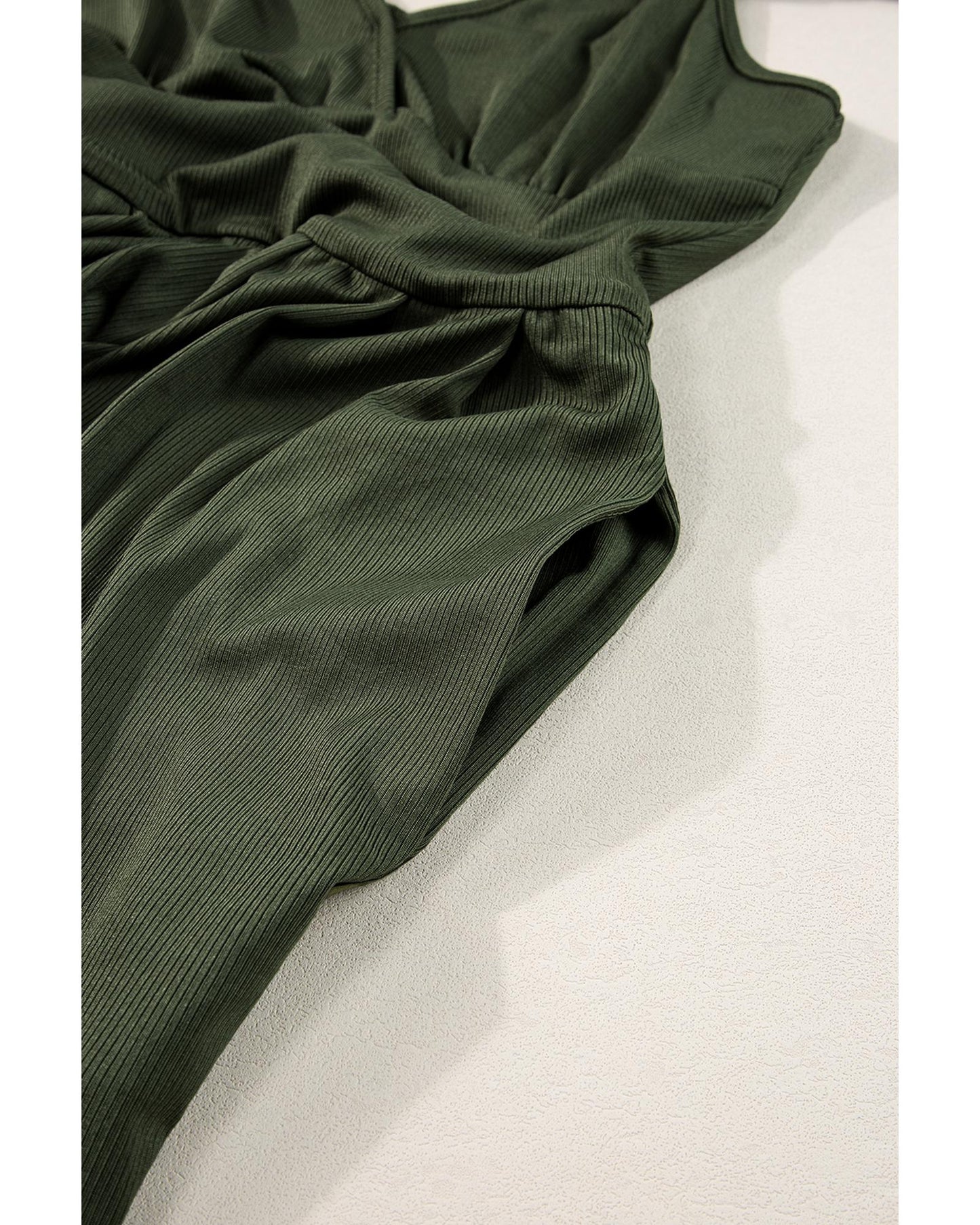 Moss Green Cinched Waist Ribbed Stretch Romper