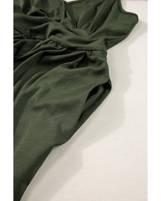 Moss Green Cinched Waist Ribbed Stretch Romper