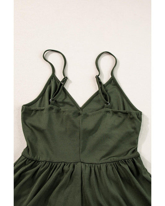 Moss Green Cinched Waist Ribbed Stretch Romper