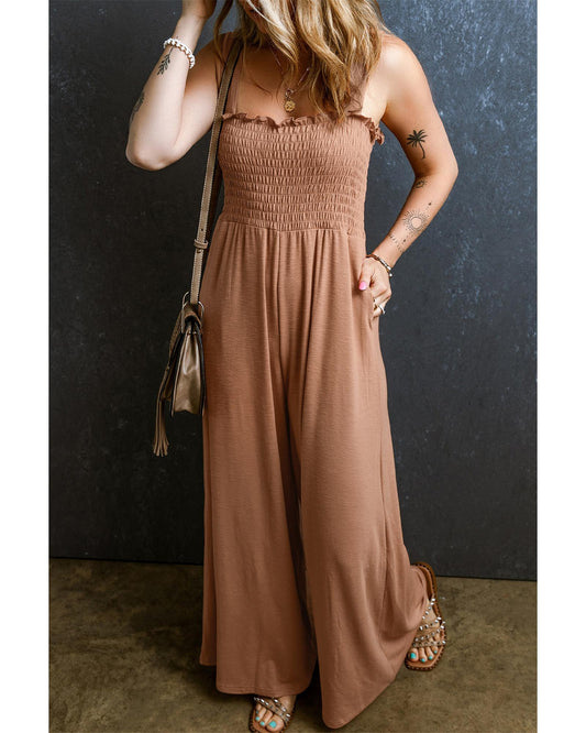 Dusty Pink Ruffled Shirred Wide Leg Sleeveless Jumpsuit