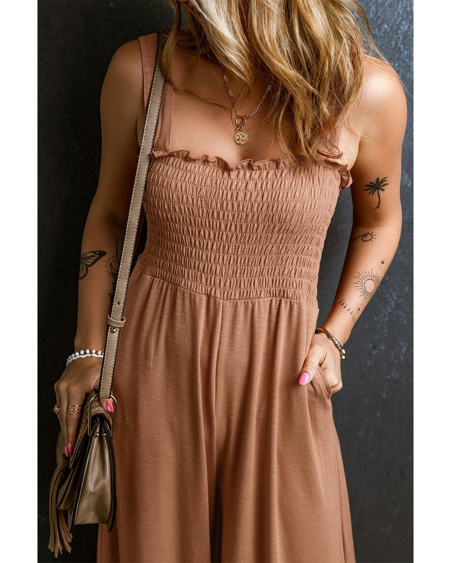Dusty Pink Ruffled Shirred Wide Leg Sleeveless Jumpsuit